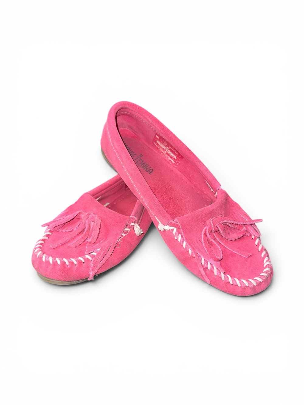 Minnetonka Women’s Kilty Hardsole Pink Suede Tassel Moccasins Size 7